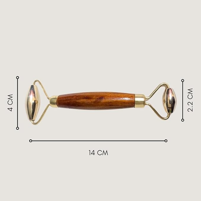 Kansa Bronze Face Roller, Traditional Ayurvedic Massage Tool, 15 cm, Manual Facial Massager with Wooden Handle, Brown and Gold - Image 2