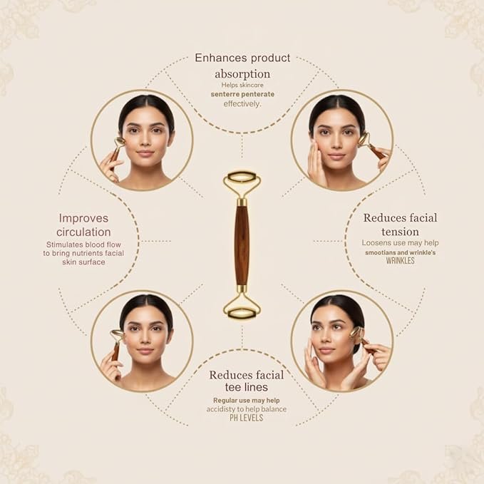 Kansa Bronze Face Roller, Traditional Ayurvedic Massage Tool, 15 cm, Manual Facial Massager with Wooden Handle, Brown and Gold - Image 5