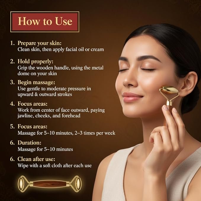 Kansa Bronze Face Roller, Traditional Ayurvedic Massage Tool, 15 cm, Manual Facial Massager with Wooden Handle, Brown and Gold - Image 7