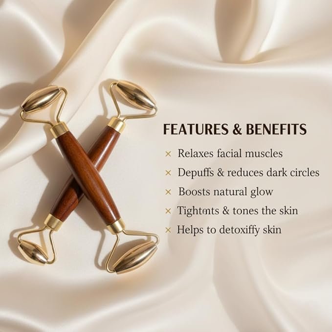 Kansa Bronze Face Roller, Traditional Ayurvedic Massage Tool, 15 cm, Manual Facial Massager with Wooden Handle, Brown and Gold - Image 3