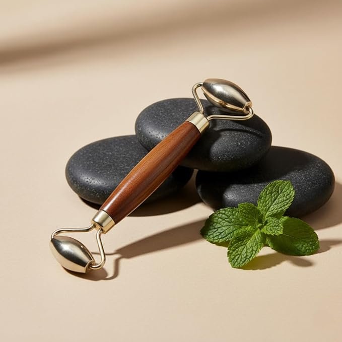 Kansa Bronze Face Roller, Traditional Ayurvedic Massage Tool, 15 cm, Manual Facial Massager with Wooden Handle, Brown and Gold - Image 6