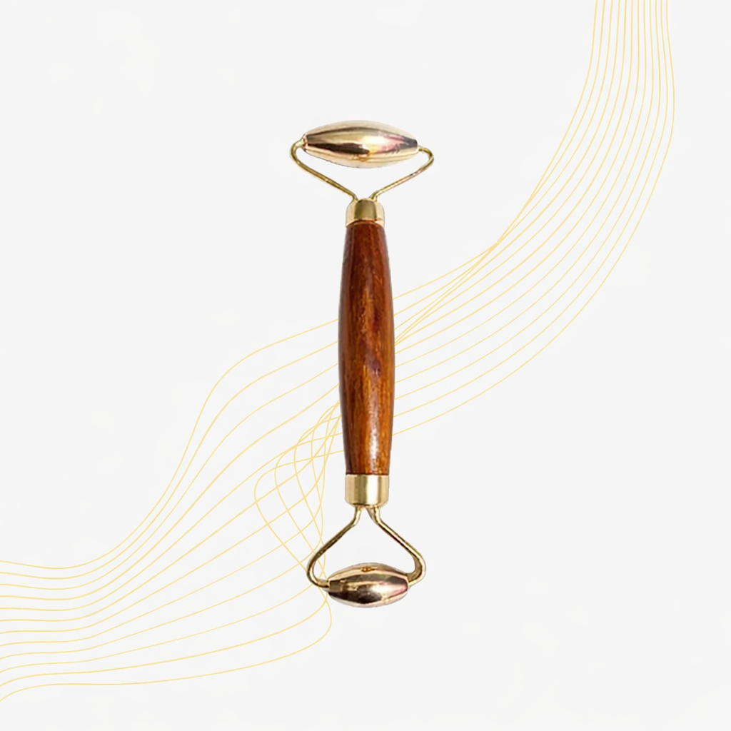Kansa Bronze Face Roller, Traditional Ayurvedic Massage Tool, 15 cm, Manual Facial Massager with Wooden Handle, Brown and Gold